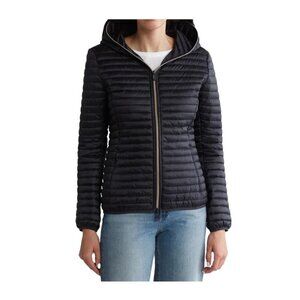 Save The Duck Womens Black Hooded Water Resistant Shiny Puffer Jacket Sz L New